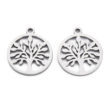 304 Stainless Steel Pendants, Laser Cut, Ring with Tree, Stainless Steel Color, 18x15.5x1mm, Hole: 1.6mm