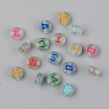 Transparent Acrylic Beads, Horizontal Hole, with Glitter Powder & Enamel, Flat Round with Letter, Mixed Color, 7x3.5mm, Hole: 1.5mm, 3150pcs/500g