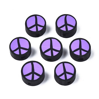 Handmade Polymer Clay Beads, Flat Round with Peace Sign, Blue Violet, 9~10x4.5mm, Hole: 1.6mm