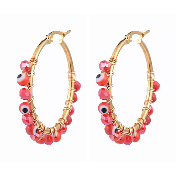 Beaded Big Hoop Earrings, with Evil Eye Lampwork Beads, Glass Beads and Golden Plated 304 Stainless Steel Hoop Earrings, Red, 40~41x4mm, Pin: 0.5x1mm