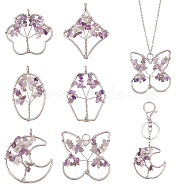 Elite 6Pcs 6 Styles Natural Amethyst Copper Wire Wrapped Chip Big Pendants, Tree of Life Charm, with Platinum Tone Iron Findings, Flower & Rhombus & Butterfly, Mixed Shapes, 51~59x36~51x8mm, Hole: 6.2mm, 1pc/style(G-PH0002-16)