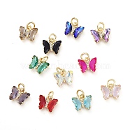 Brass Micro Pave Clear Cubic Zirconia Pendant, with Glass, Butterfly, Golden, Mixed Color, 12.5mm(ZIRC-P079-B01-M)