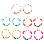 Basketball Wives Style Brass Hoop Earrings, with Handmade Polymer Clay Heishi Beads, Natural Cultured Freshwater Pearl Beads and Plastic Earring Backs, Mixed Color, 51x49~49.5mm, Pin: 0.8mm, 5 colors, 1pair/color, 5pairs/set(EJEW-SZ0001-01G)