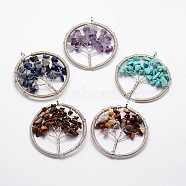 Tree of Life Natural & Synthetic Mixed Stone Bead Brass Wire Wrapped Big Pendants, Cadmium Free & Nickel Free & Lead Free, Platinum, 54~60x49~52x6~9mm, Hole: 4~6mm(KK-L136-03-NR)