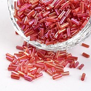 Glass Bugle Beads, Transparent Colours Rainbow, FireBrick, 3~5x1.8~2mm, Hole: 0.8mm, about 12000pcs/450g(SEED-I001-165B)