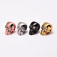 Brass Beads, Micro Pave Grade AAA Cubic Zirconia, Skull, Cadmium Free & Nickel Free & Lead Free, Mixed Color, 12.5x9x10mm, Hole: 2mm(KK-G270-M-NR)