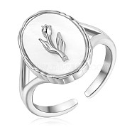 Rhodium Plated 925 Sterling Silver Oval with Tulips Open Cuff Ring, Natural Shell Chunky Finger Ring for Women, Platinum, US Size 5 1/4(15.9mm)(JR898A)