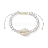 Adjustable ABS Plastic Imitation Pearl & Acrylic Shell Shape Braided Bead Bracelets, Seashell Color, Inner Diameter: 2~3-1/2 inch(5.2~9cm)(BJEW-JB10104-04)