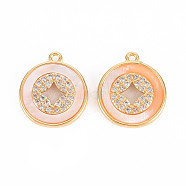 Brass Micro Pave Clear Cubic Zirconia Charms, with Freshwater Shell, Nickel Free, Copper Cash, Real 18K Gold Plated, 14x12.5x2.5mm, Hole: 1mm(KK-T062-153G-NF)