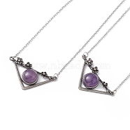 Natural Amethyst Triangle with Flower Pendant Necklace, Antique Silver & Platinum Brass Jewelry for Women, Cadmium Free & Lead Free, 19.76 inch(50.2cm)(NJEW-P274-01AS-02)