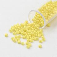 11/0 Grade A Round Glass Seed Beads, Baking Paint, Champagne Yellow, 2.3x1.5mm, Hole: 1mm, about 48500pcs/pound(SEED-N001-A-1065)