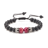 Natural Frosted Black Agate(Dyed) & Tiger Eye Braided Bead Bracelet with Alloy Crown, Gemstone Jewelry for Women, Medium Violet Red, Inner Diameter: 2-1/4~3-3/4 inch(5.6cm)(BJEW-JB08249-03)