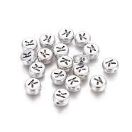 Silver Color Plated Acrylic Beads, Letter Style, Horizontal Hole, Flat Round, Letter.K, 7x3.5mm, Hole: 1mm(X-MACR-PB43C9070-K)