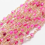 3.28 Feet Faceted Round Natural Agate Handmade Beaded Chains, Unwelded, with Golden Brass Findings, Cadmium Free & Nickel Free & Lead Free, Deep Pink, 14.5x4mm(X-CHC-L034-26-NR)