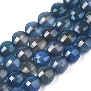 Natural Agate Beads Strands, Dyed & Heated, Faceted, Flat Round, Steel Blue, 8x6.5mm, Hole: 1.2mm, about 47pcs/strand, 14.96 inch(37cm).(G-N326-100A-11)