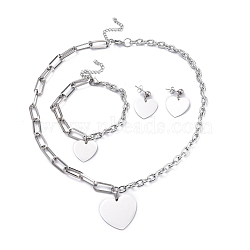 304 Stainless Steel Paperclip Chains & Cable Chain Jewelry Sets, Dangle Earrings & Pendant Necklaces & Charm Bracelets, Heart, Stainless Steel Color, 18-3/4 inches(47.7cm); 8 inches(20.3cm); 28mm, pin: 0.6mm(SJEW-K153-60P)