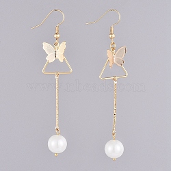 Dangle Earrings, with Glass Pearl Round Beads, Iron Bar Links, Brass Pendant and Earring Hooks, Butterfly & Triangle, White, 77mm, Pin: 0.7mm(EJEW-JE03973-01)