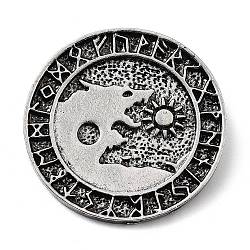Tibetan Style Alloy Pendants, Flat Round with Wolf & Sun, Antique Silver, 36.5x2mm, Hole: 7.5x4.3mm(TIBE-L012-007AS)