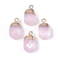Electroplate Resin Pendants, Imitation Gemstone, with Top Light Gold Plated and Iron Loops, Cuboid, Pink, 19x10.5x9mm, Hole: 1.8mm(RESI-S383-036B)