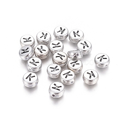 Silver Color Plated Acrylic Beads, Letter Style, Horizontal Hole, Flat Round, Letter.K, 7x3.5mm, Hole: 1mm(X-MACR-PB43C9070-K)