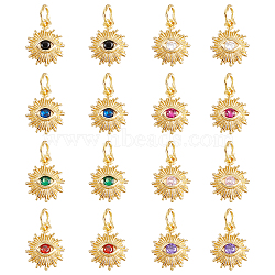 16Pcs 8 Colors Brass Micro Pave Cubic Zirconia Charms, with Jump Rings, Sun with Eye, Real 18K Gold Plated, Mixed Color, 12.5x10x2.7mm, Jump Rings: 5x0.8mm, Inner Diameter: 3mm, 2pcs/color(KK-NB0001-39)