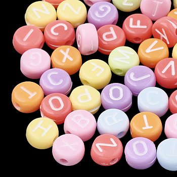 Opaque Acrylic Beads, Horizontal Hole, Mixed Letters, Flat Round with Letter, Random Letters, Mixed Color, 7x4mm, Hole: 1.5mm, about 3700pcs/500g