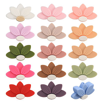 15Pcs 15 Colors Lotus Food Grade Eco-Friendly Silicone Beads, Chewing Beads For Teethers, DIY Nursing Necklaces Making, Mixed Color, 18.5x29.5x8mm, Hole: 2.2mm, 1pc/color