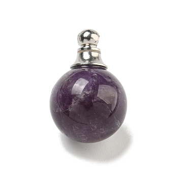 Natural Amethyst Perfume Bottle Pendants, with 304 Stainless Steel Findings, Round, 25x16mm, Hole: 2mm