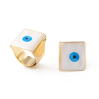 Square Enamel with Evil Eye Wide Band Finger Rings, Real 18K Gold Plated Brass Adjustable Rings for Women Men, White, 18.5mm, Inner Diameter: 17mm