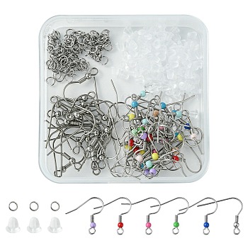 60Pcs 2 Style 316 Surgical & 304 Stainless Steel Earring Hooks, French Hooks with Coil and Ball, with 100Pcs Plastic Ear Nuts, 100Pcs 304 Stainless Steel Jump Rings, Stainless Steel Color, 22 Gauge, 19~21x20~23x3mm, Hole: 2~2.2mm, Pin: 0.6mm