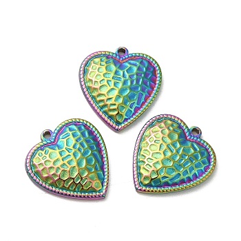 Ion Plating(IP) 304 Stainless Steel Pendants, Textured, Heart Charm, Rainbow Color, 16.5x15x2.7mm, Hole: 1.2mm