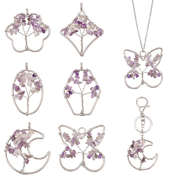 Elite 6Pcs 6 Styles Natural Amethyst Copper Wire Wrapped Chip Big Pendants, Tree of Life Charm, with Platinum Tone Iron Findings, Flower & Rhombus & Butterfly, Mixed Shapes, 51~59x36~51x8mm, Hole: 6.2mm, 1pc/style