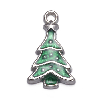 Medium Sea Green Christmas Tree Enamel Alloy Pendants, Lead Free and Cadmium Free, Platinum Color, about 23.5mm long, 14mm wide, 3.5mm thick, hole: 2mm