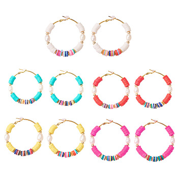 Basketball Wives Style Brass Hoop Earrings, with Handmade Polymer Clay Heishi Beads, Natural Cultured Freshwater Pearl Beads and Plastic Earring Backs, Mixed Color, 51x49~49.5mm, Pin: 0.8mm, 5 colors, 1pair/color, 5pairs/set