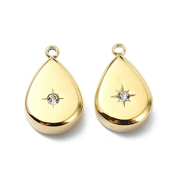 304 Stainless Steel Pendants,  with Rhinestone, Teardrop Charms, Real 14K Gold Plated, 15x9.5x4.5mm, Hole: 1.2mm