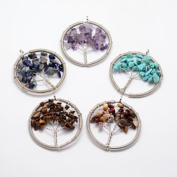 Tree of Life Natural & Synthetic Mixed Stone Bead Brass Wire Wrapped Big Pendants, Cadmium Free & Nickel Free & Lead Free, Platinum, 54~60x49~52x6~9mm, Hole: 4~6mm