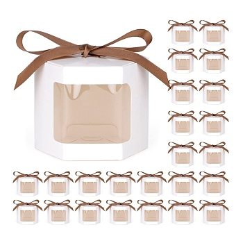 Hexagon Shaped Cardborad Mini Cake Storage Boxes, Dessert Candy Gift Case with Clear Window and Ribbon, White, Finish Product: 10x10x10cm
