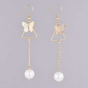 Dangle Earrings, with Glass Pearl Round Beads, Iron Bar Links, Brass Pendant and Earring Hooks, Butterfly & Triangle, White, 77mm, Pin: 0.7mm