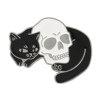 Alloy Enamel Brooches, Skull with Cat, Gainsboro, 23x28mm
