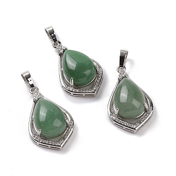 Natural Green Aventurine Pendants, Teardrop Charms, with Platinum Tone Rack Plating Brass Findings, 32x19x10mm, Hole: 8x5mm