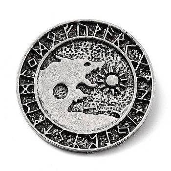 Tibetan Style Alloy Pendants, Flat Round with Wolf & Sun, Antique Silver, 36.5x2mm, Hole: 7.5x4.3mm