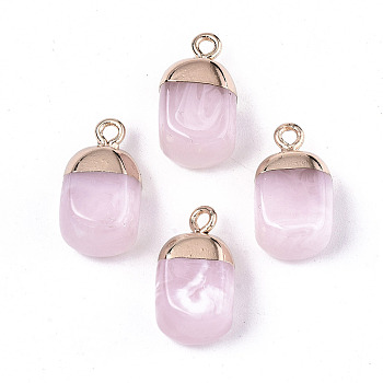 Electroplate Resin Pendants, Imitation Gemstone, with Top Light Gold Plated and Iron Loops, Cuboid, Pink, 19x10.5x9mm, Hole: 1.8mm