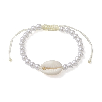 Adjustable ABS Plastic Imitation Pearl & Acrylic Shell Shape Braided Bead Bracelets, Seashell Color, Inner Diameter: 2~3-1/2 inch(5.2~9cm)