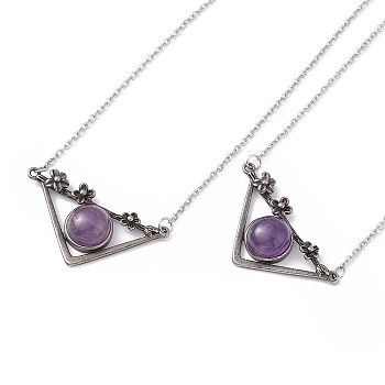 Natural Amethyst Triangle with Flower Pendant Necklace, Antique Silver & Platinum Brass Jewelry for Women, Cadmium Free & Lead Free, 19.76 inch(50.2cm)