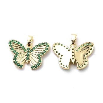 Brass Cubic Zirconia Pendants, Butterfly Charm, Real 18K Gold Plated, Green, 15x21x3.5mm, Hole: 2.5x4.5mm