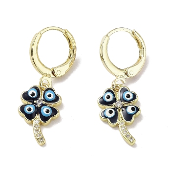 Evil Eye Real 18K Gold Plated Brass Dangle Leverback Earrings, with Enamel and Cubic Zirconia, Clover, 29x9.5mm