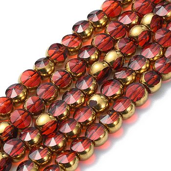 Half Plated Electroplate Transparent Glass Beads Strands, Antique Bronze Plated, Flat Round, Faceted, FireBrick, 6x5mm, Hole: 1.2mm, about 50pcs/strand, 11.22''(28.5cm)