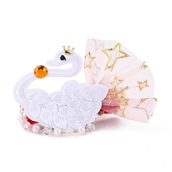 Cloth Alligator Hair Clips, Hair Barrettes for Baby Girls, with Plastic Beads, Swan, White, 43x68x15mm