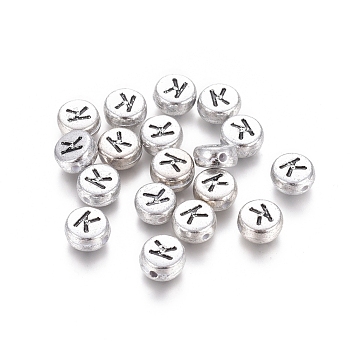 Silver Color Plated Acrylic Beads, Letter Style, Horizontal Hole, Flat Round, Letter.K, 7x3.5mm, Hole: 1mm