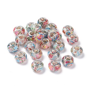 Transparent Resin European Rondelle Beads, Large Hole Beads, with Christmas Polymer Clay and Platinum Tone Alloy Double Cores, Colorful, 14x8.5mm, Hole: 5mm